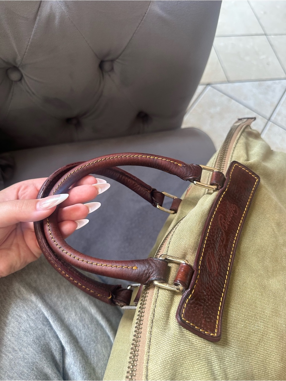 Dooney & Bourke Olive Canvas Duffel with Brown Leather Trim - Picture 9 of 15